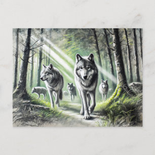 Wolf Pack Moving Through Green Forest Postcard