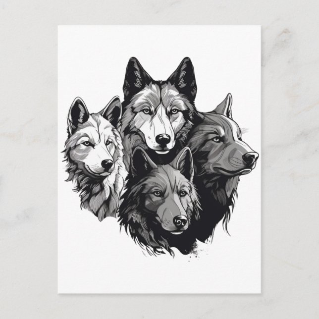Wolf Pack Tribal Graphic Black and White Wolves  Postcard (Front)