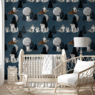 Wolf Pack Woodland Night Sky Moon Baby Nursery Wallpaper