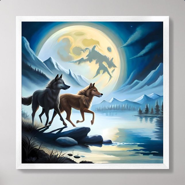 wolf painting moon river dark night mountain rock poster (wolf painting moon river dark night mountain rock)