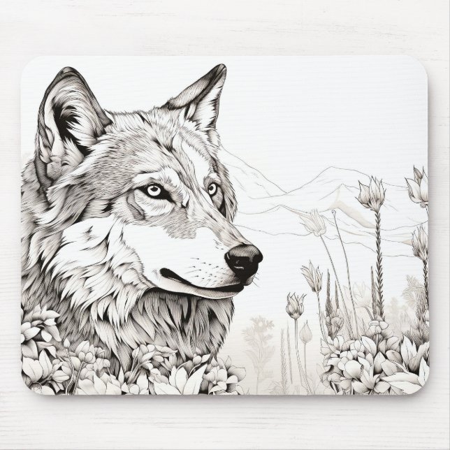 Wolf Peaceful Nature Prairie Sketch Drawing Style Mouse Pad (Front)
