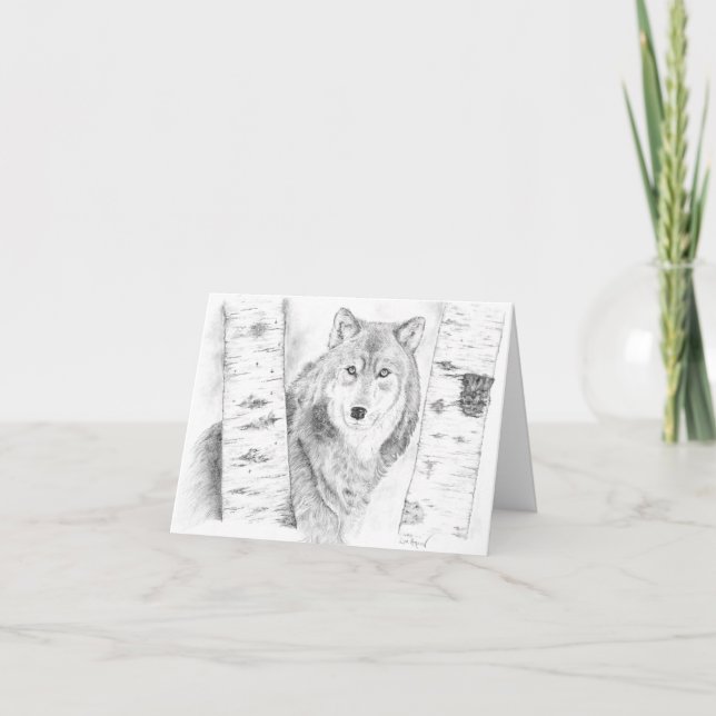 Wolf Peering Through the Birch Trees Card (Front)