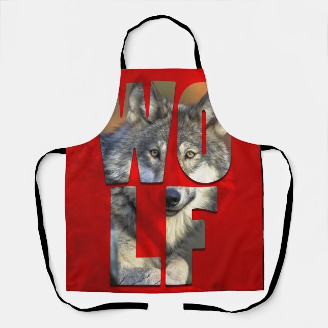 Wolf Photograph Wildlife Nature Red Typography Apron (Front)