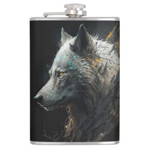 Wolf Portrait Animal Nature Wildlife Dark Painting Hip Flask