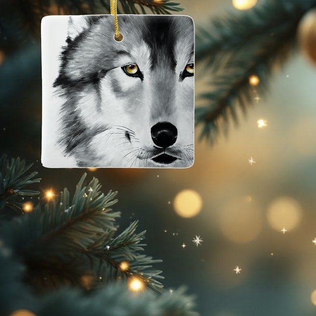 Wolf Portrait Black White Ceramic Ornament (Creator Uploaded)