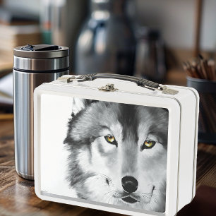 Wolf Portrait Black White Metal Lunch Box