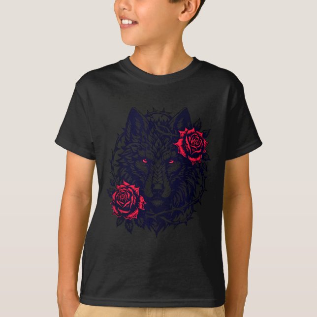 Wolf Portrait Framed by Thorned Roses T-Shirt (Front)