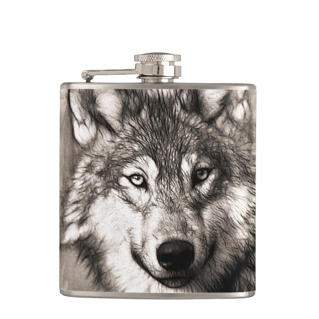 Wolf portrait hip flask (Front)