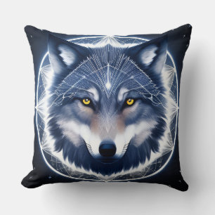 Wolf Portrait with Intense Golden Eyes Cushion