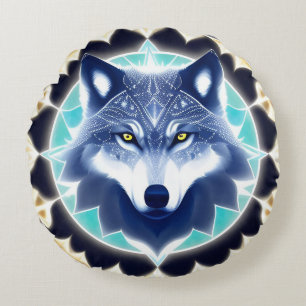 Wolf Portrait with Intense Golden Eyes Round Cushion