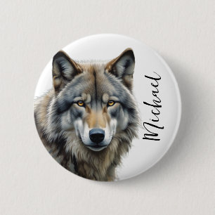 Wolf Portrait Your Name Custom Handwriting 6 Cm Round Badge