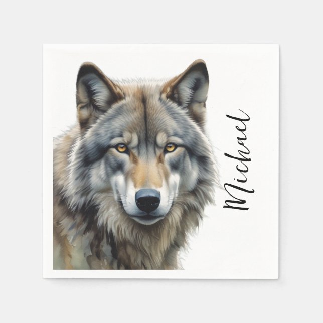 Wolf Portrait Your Name Custom Handwriting Napkin (Front)
