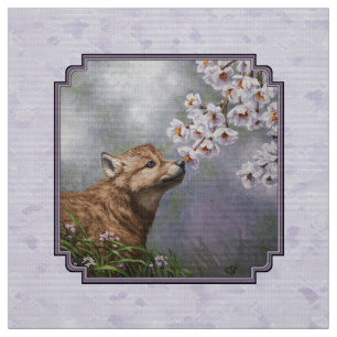 Wolf Pup and Flowers Lavender Fabric
