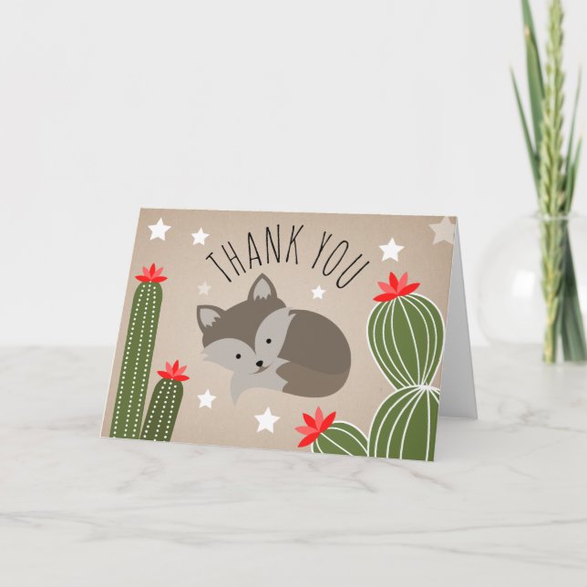 Wolf Pup Cactus Desert Stars Baby Shower Thank You Card (Front)