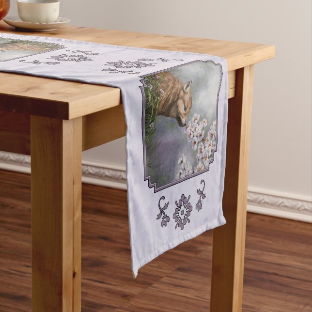 Wolf Pup Floral Border Lavender Medium Table Runner (In Situ)