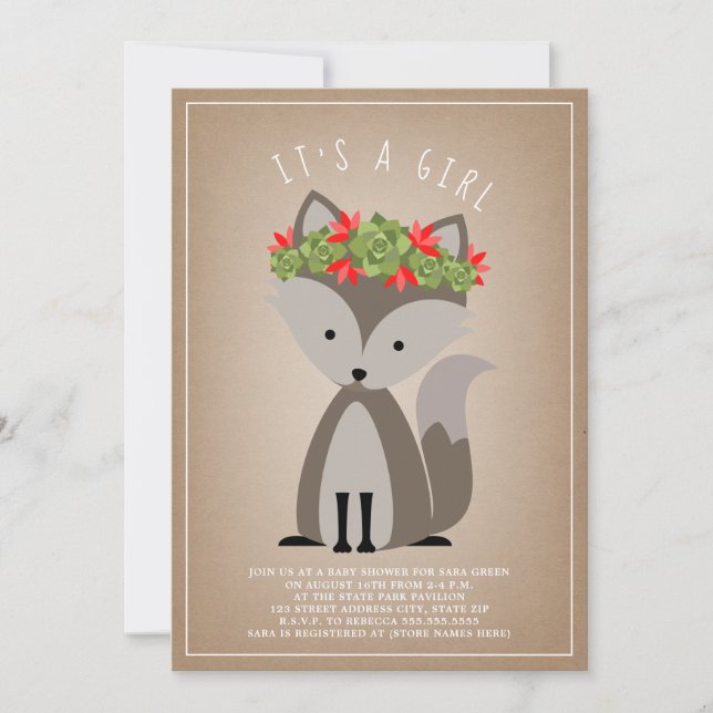 Wolf Pup Floral Succulent Cactus Baby Shower Invitation (Front)