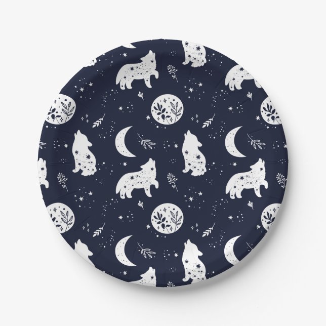 Wolf Pup Howling at the Moon Paper Plate (Front)