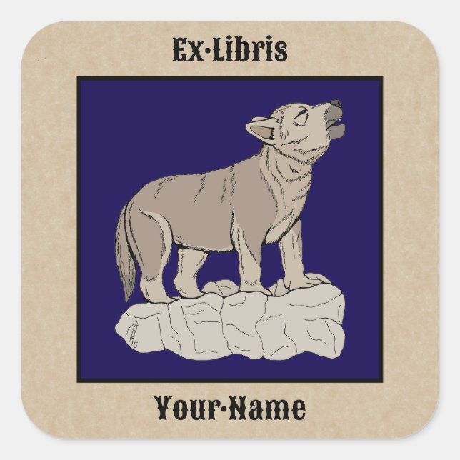 Wolf Pup Howling Bookplate Square Sticker (Front)