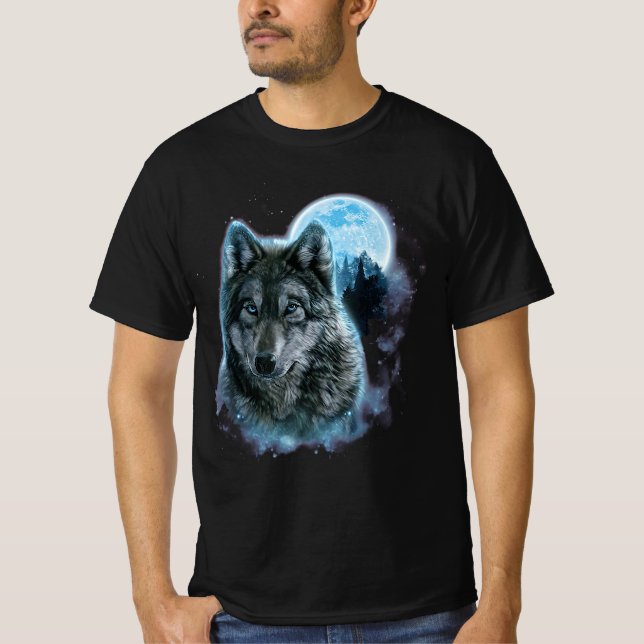 Wolf Shirt, Grey Wolf Hunting Ground, Icy Moon T-Shirt (Front)