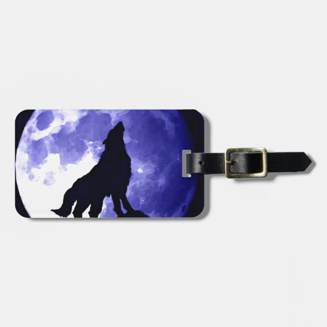 Wolf Silhouette & Full Moon Luggage Tag (Front Horizontal)