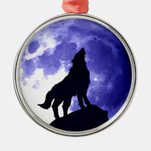 Wolf Silhouette & Full Moon Metal Tree Decoration