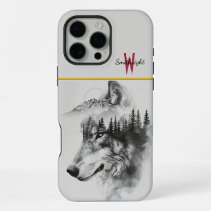 Wolf silhouette merges with mountains iPhone 16 pro max case