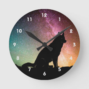 Wolf Silhouette With Northern Lights Round Clock