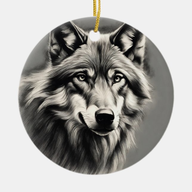 Wolf Sketch Ceramic Tree Decoration (Front)