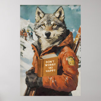 Wolf Skiing Art Print Funny Alpine Lodge Wall