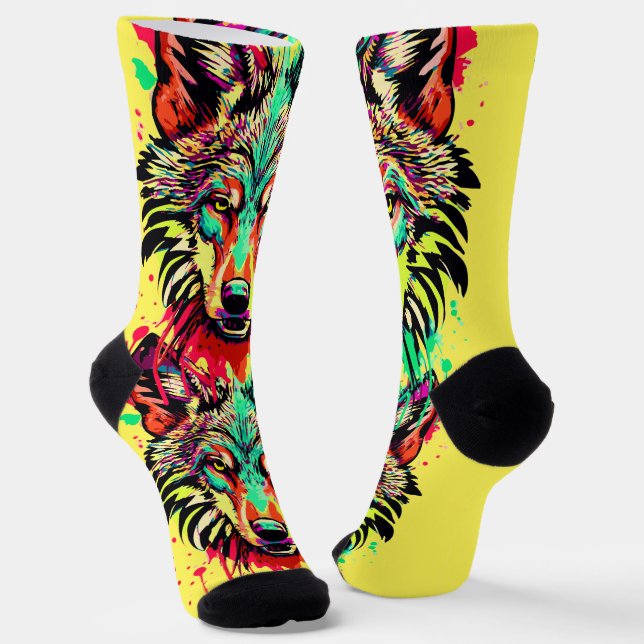Wolf Socks | Colourful Wolf Head Socks (Angled)