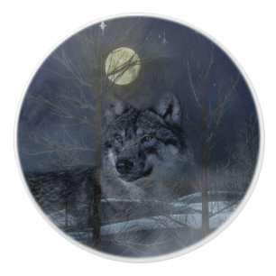 Wolf Spirit Moon Night Ceramic Knob