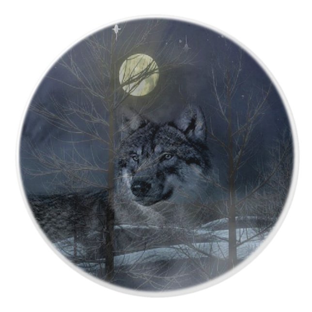 Wolf Spirit Moon Night Ceramic Knob (Front)