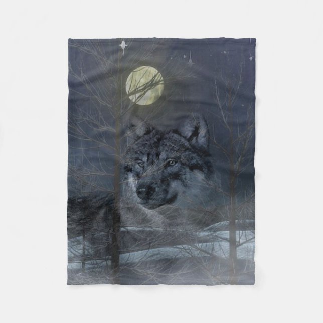 Wolf Spirit Moon Night Fleece Blanket (Front)