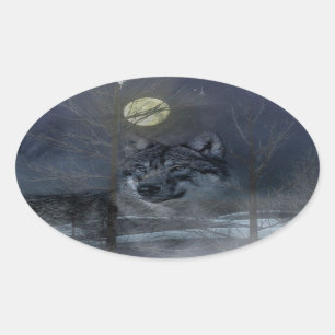 Wolf Spirit Moon Night Oval Sticker
