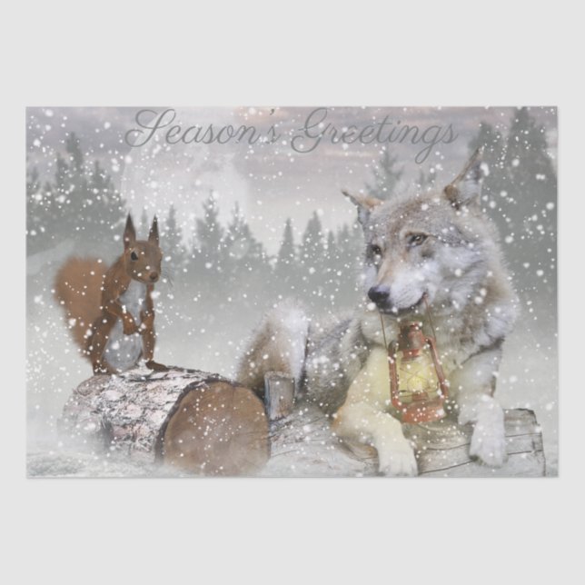 Wolf Squirrel Winter Snow Forest Moon Landscape Tissue Paper (Front)