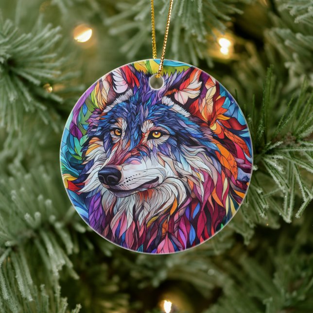 Wolf Stained Glass Ceramic Tree Decoration (Tree)