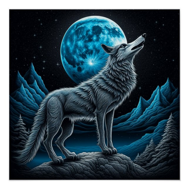 Wolf Standing in Front of the Full Moon | AI art Poster (Front)