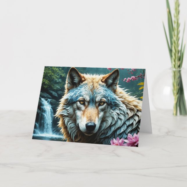 Wolf Standing in river with flowers Thank You Card (Front)