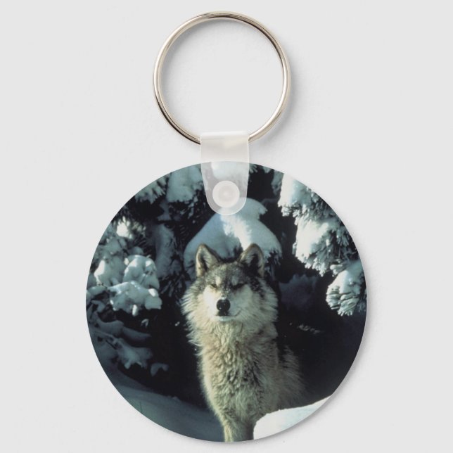 Wolf Standing in Snow Key Ring (Front)