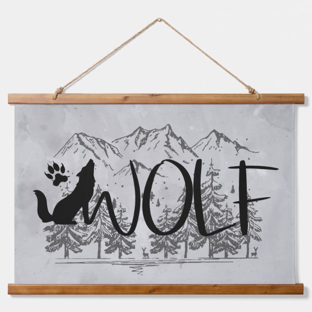 Wolf Text Graphic Art Animal Nature Mountains Hanging Tapestry (Front)