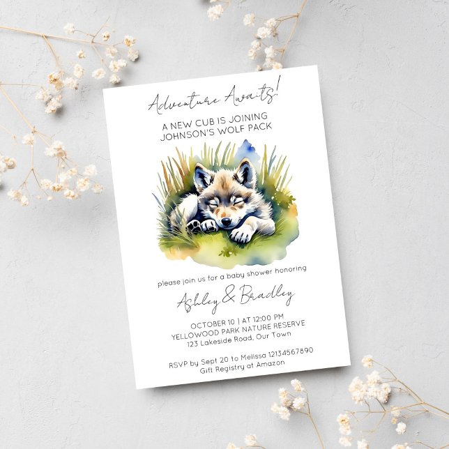 Wolf themed adventure awaits baby shower invitation (Creator Uploaded)
