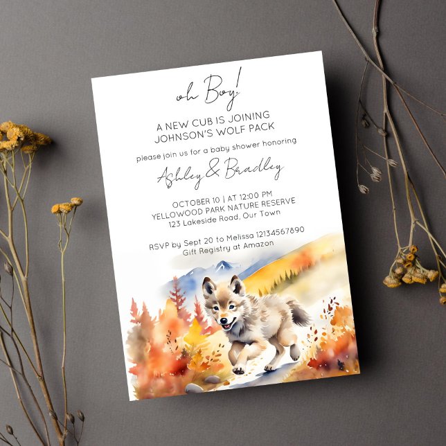 Wolf themed adventure awaits baby shower invitation (Wolf themed baby shower template invitation digital download cute pup running Alaska wilderness)