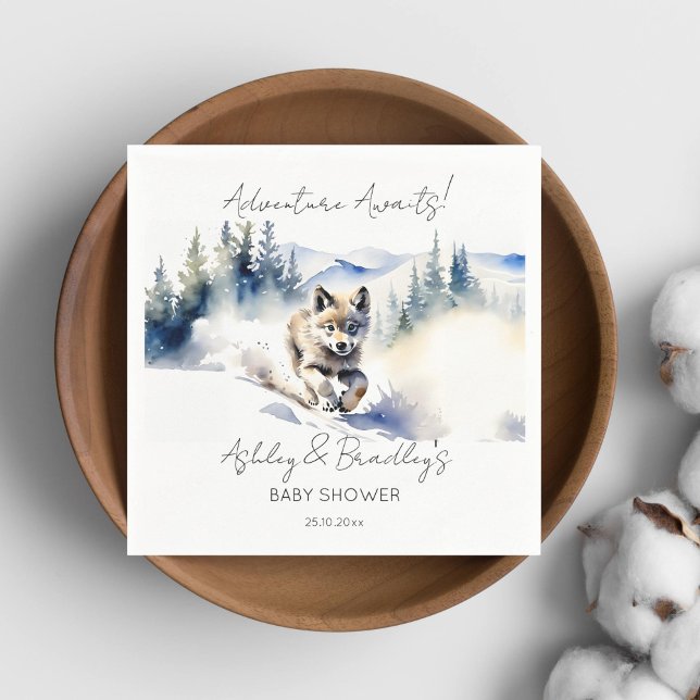 Wolf themed adventure awaits baby shower napkin (Wolf themed baby shower tableware personalized napkins watercolor cute wolf cub in Alaska wilderness)