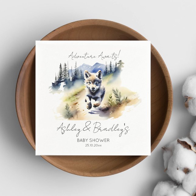 Wolf themed adventure awaits baby shower tableware napkin (Wolf themed baby shower tableware watercolor cute wolf cub adventure waits personalized napkins)