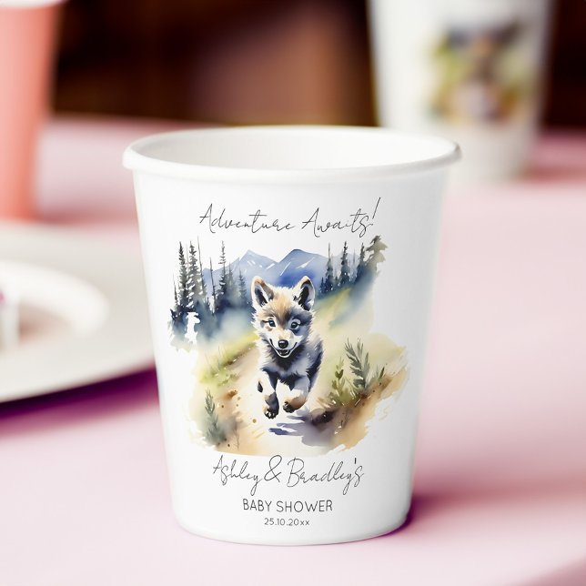 Wolf themed adventure awaits baby shower tableware paper cups (Wolf themed adventure awaits baby shower tableware personalized paper cups watercolor cute wolf cub)