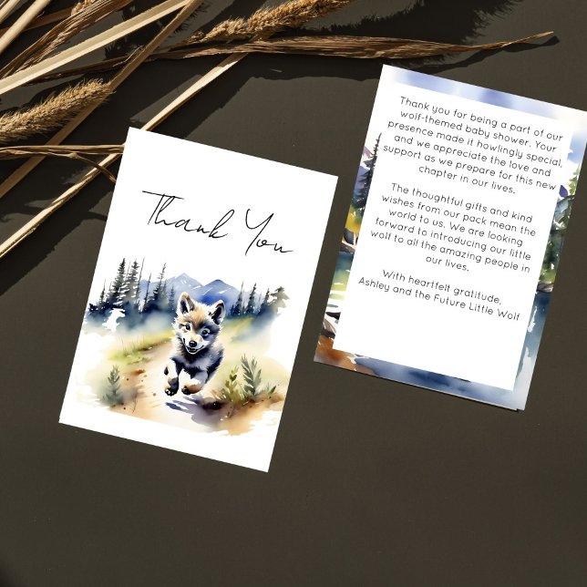 Wolf themed adventure awaits baby shower thank you card (Wolf themed baby shower adventure awaits thank you cards watercolor cute wolf cub in Alaska wild)