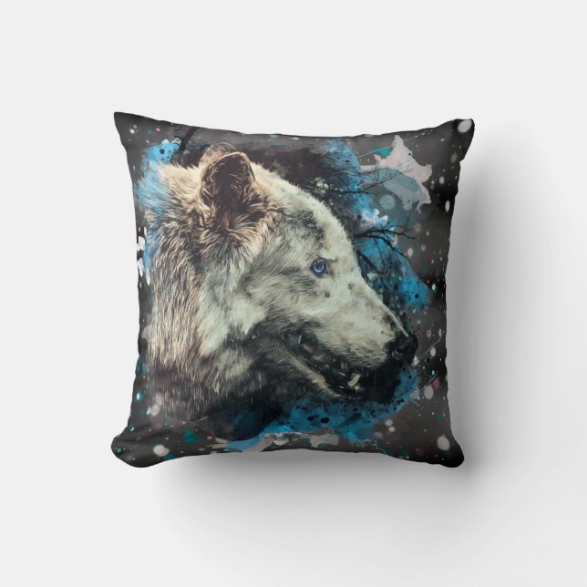 *~*  Wolf Totem Blue Abstract Polyester Boho Cushion (Front)