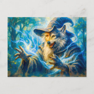 Wolf-transforming mage in fantasy oil style holiday postcard