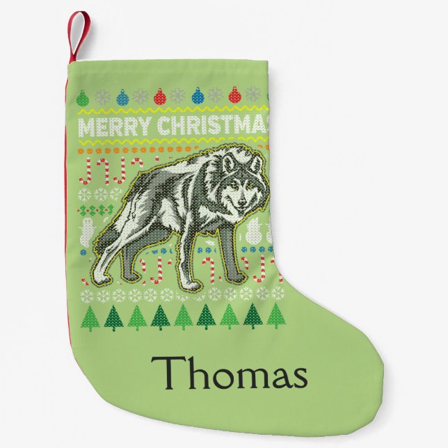 Wolf Ugly Christmas Sweater Wildlife Series Small Christmas Stocking (Front)