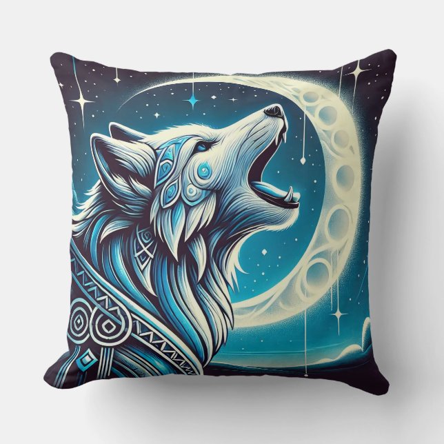 Wolf Under the Crescent Moon at Night Cushion (Front)